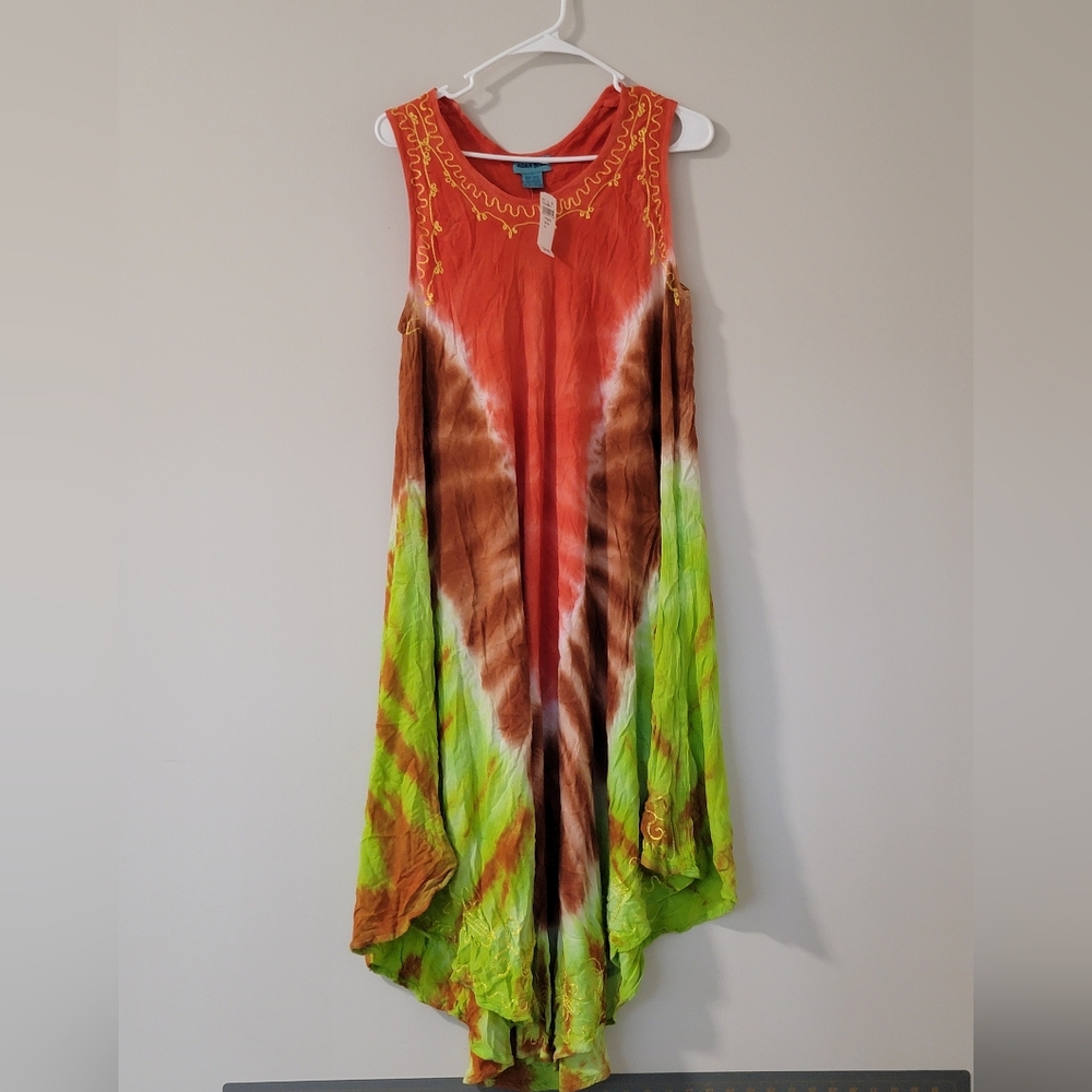 Aqua Blu Asymmetrical Dress in Red Orange , Brown and Green. One Size
